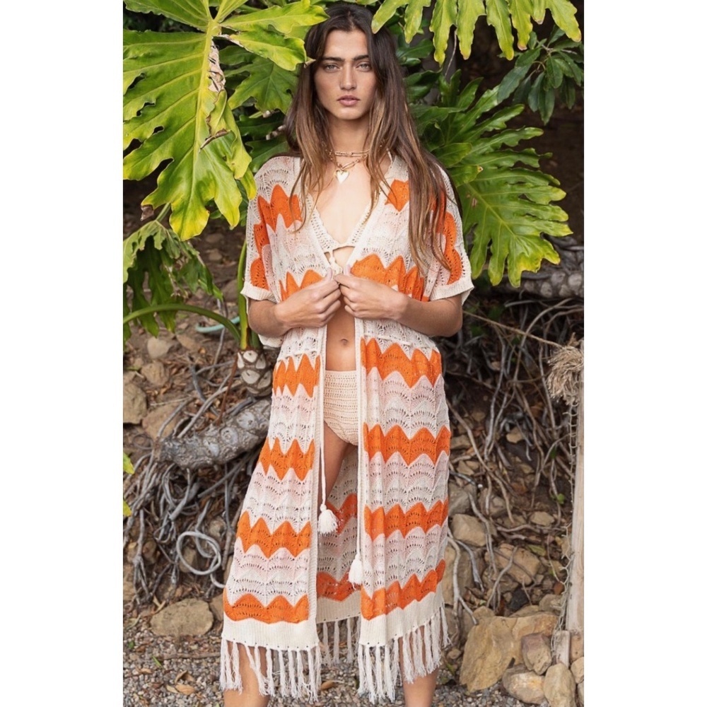 POL Cream & Orange Striped Crochet Cardigan with Fringe - Picture 8 of 8